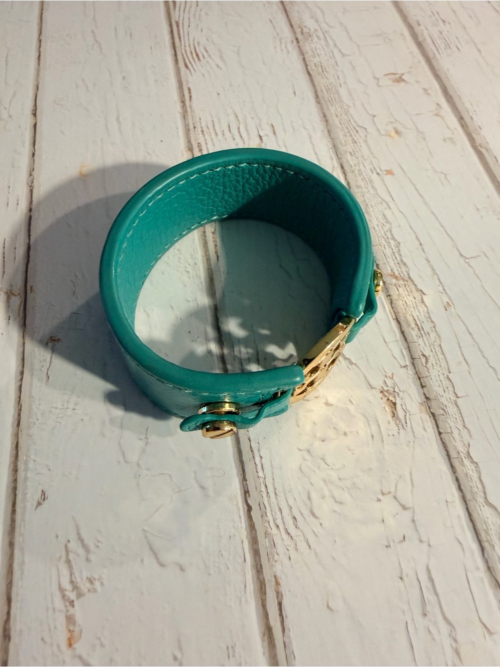 Tory Burch Teal Leather Logo Cuff with Gold Medallion - Picture 4 of 11